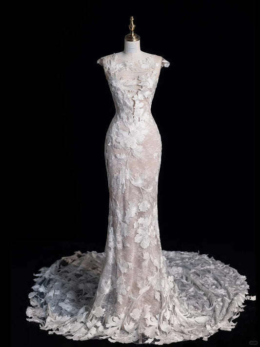 Modern Minimalist Mermaid Scoop White Lace With Buttons Long Brides Gown Bridal Dress Wedding Dresses Style RB6559