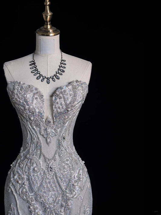 Sparkly Mermaid Sweetheart Gray Floor Length Brides Gown Bridal Dress Style Long Wedding Dresses RB6555