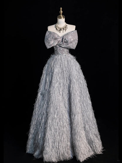 Robe de bal princesse grise à décolleté cœur avec nœud, plumes et tulle, longue robe de soirée formelle N751