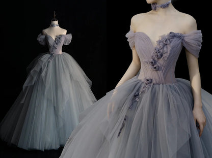 Robe de bal modeste à épaules dénudées en tulle argenté, inspiration robes de soirée, robe de princesse formelle N1280