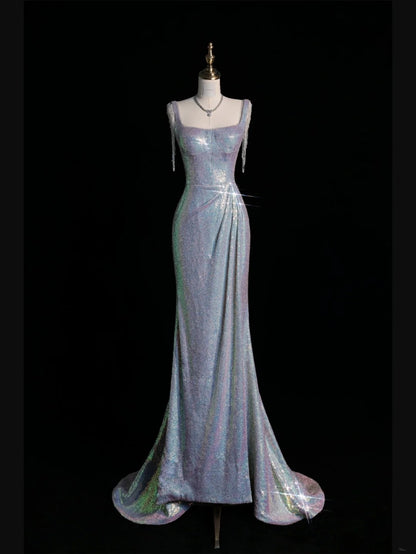 Robe de bal longue argentée à sequins et col carré, style sirène, idéale pour les adolescentes et les jeunes filles. Modèle N1074.