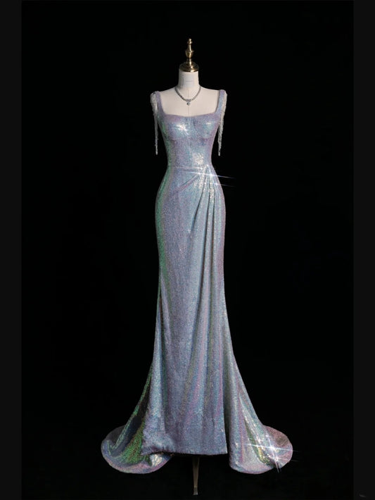 Neues Meerjungfrauen-Abendkleid mit eckigem Ausschnitt, Pailletten, silberfarben, lang, für Highschool-Teenager-Mädchen, formelles Brautjungfernkleid N1074