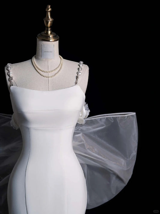 Dreamy Mermaid Straps Satin White With Bow Brides Gown Bridal Dress Style Long Wedding Dresses RB6569