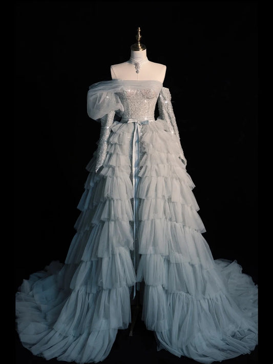 Elegantes, schulterfreies Ballkleid aus blauem Tüll mit Stufen – Inspiration für formelle College- und Abschlussfeiern (N1224)