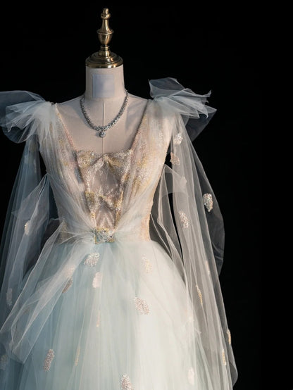 Robe de bal princesse en tulle bleu ciel clair, col en V, tenue de soirée pour le bal de fin d'année scolaire, robe de remise de diplômes pour adolescentes N1344