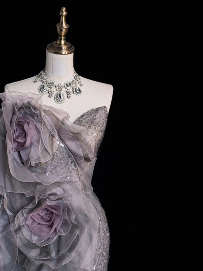 Robe de soirée longue de bal de princesse sirène grise à sequins et fente, décolleté cœur, N743