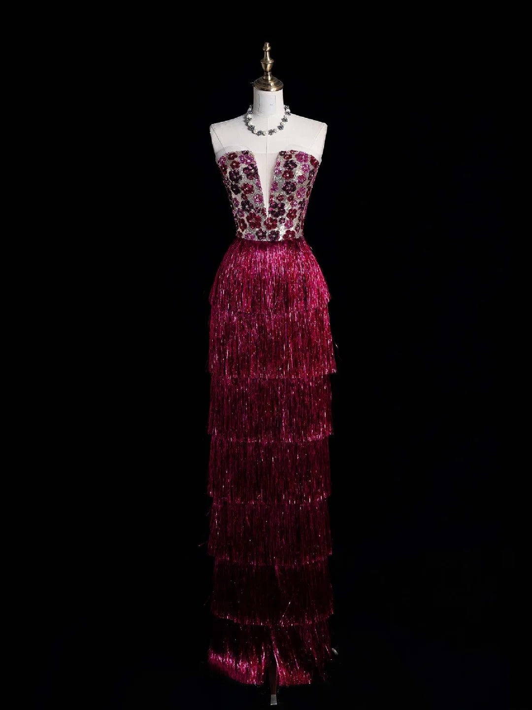 Robe de bal longue fourreau rose à sequins et pompons, sans bretelles, élégante et raffinée (N1073)