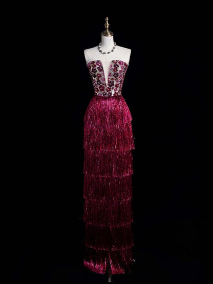 Robe de bal longue fourreau rose à sequins et pompons, sans bretelles, élégante et raffinée (N1073)