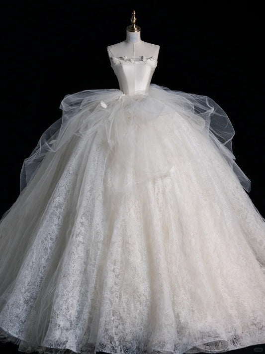 Modern Minimalist Ball Gown Strapless Sleeveless Lace Brides Gown Bridal Dress Wedding Dresses Style RB6562