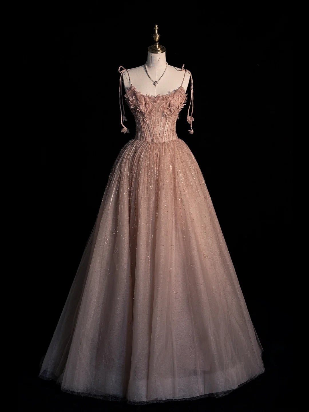 Robe de bal longue rose en tulle à fines bretelles - Inspiration robes de soirée - Robe de cérémonie N1221