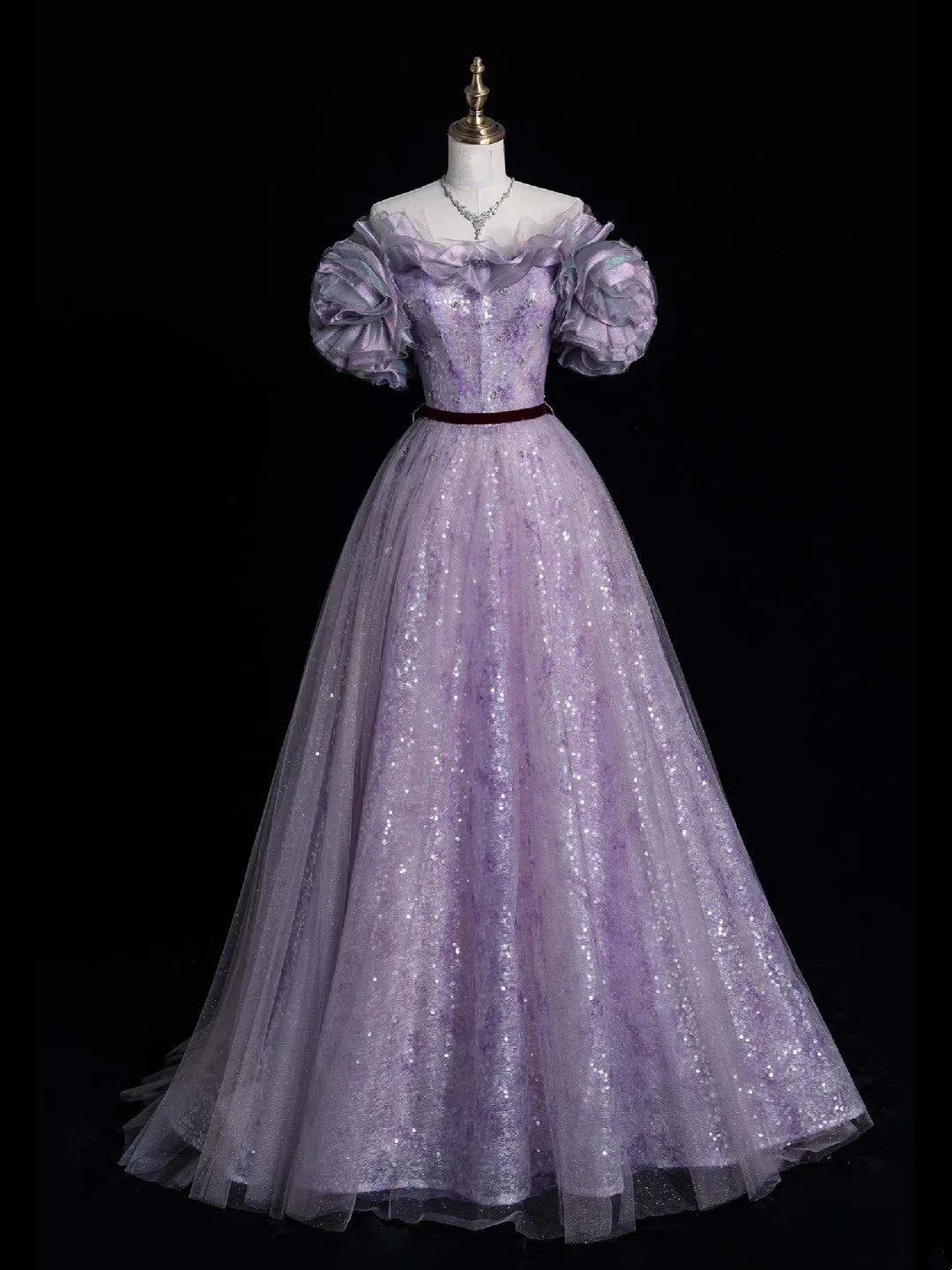 Robe de bal élégante à épaules dénudées, en tulle lilas à sequins, longue robe de soirée pour adolescentes, N1089