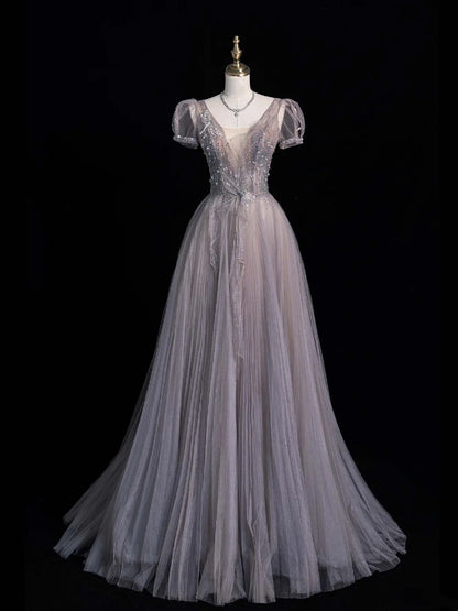 Magnifique robe de bal longue en tulle à col V et manches courtes - Inspiration robes de soirée - Robe de cérémonie N1225