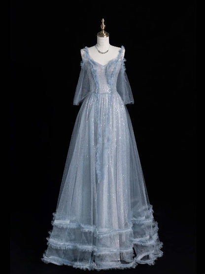 Robe de bal longue en tulle bleu à fines bretelles - Inspiration robes de soirée - Robe de cérémonie N1223