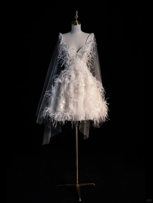 Modest Ball Gown Spaghetti Strap White With Feathers Short Brides Gown Bridal Dress Wedding Dresses RB6571