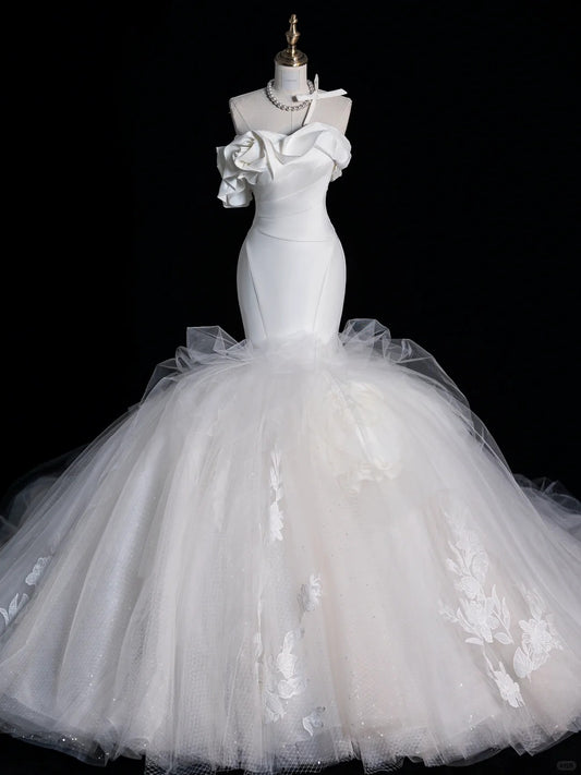 Dreamy Mermaid Sweetheart Satin White With Corset Fitted Brides Gown Bridal Dress Style Long Wedding Dresses RB6570