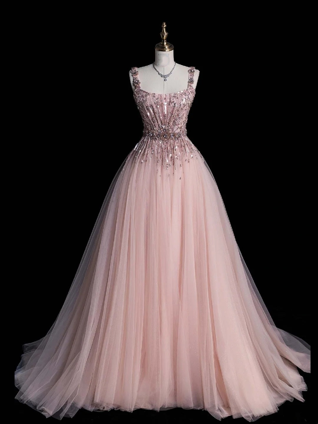 Elegantes Ballkleid mit eckigem Ausschnitt, langes, rosa Tüllkleid für Teenager, Abendgarderobe, formelles Kleid N1084