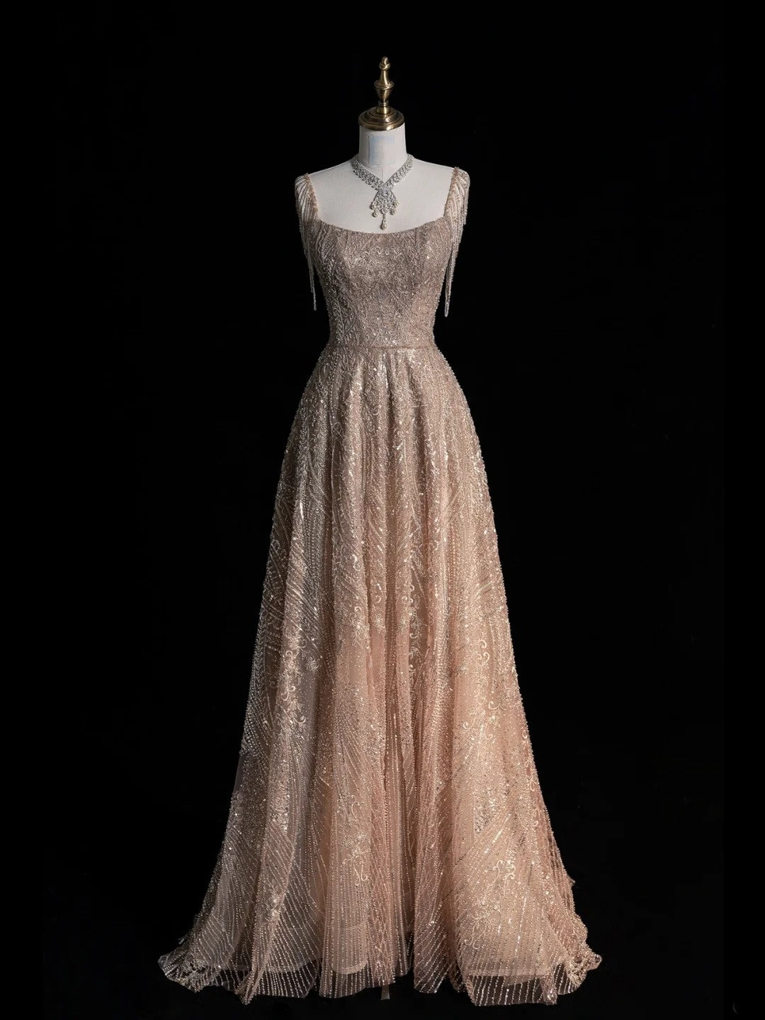Magnifique robe de bal longue à sequins champagne, col carré, inspiration robes de soirée, robe de cérémonie N1226