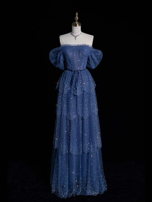 Elegantes, schulterfreies, marineblaues Tüll-Abendkleid in A-Linie mit Ärmeln – Inspiration für festliche Anlässe und Prinzessinnen-Look (Modell N764)