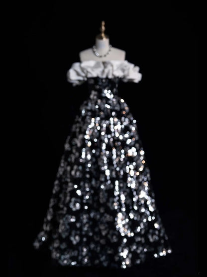 Robe de bal sobre à épaules dénudées, sequins floraux noirs, tenue de soirée pour jeunes filles (N1166), robe de bal longue pour adolescentes