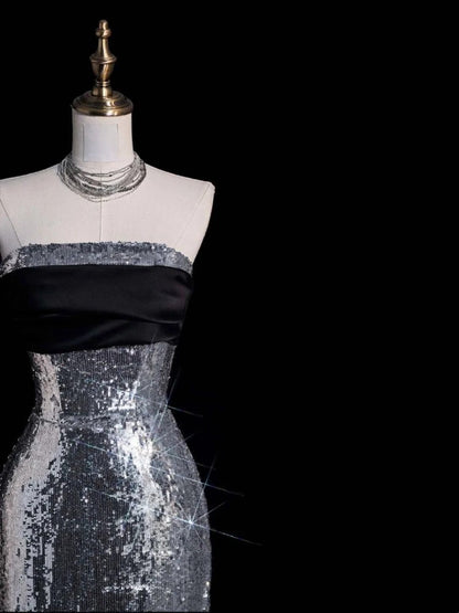 Robe de bal longue sans manches à paillettes grises, style sirène, bustier, pour femmes et jeunes filles, N666