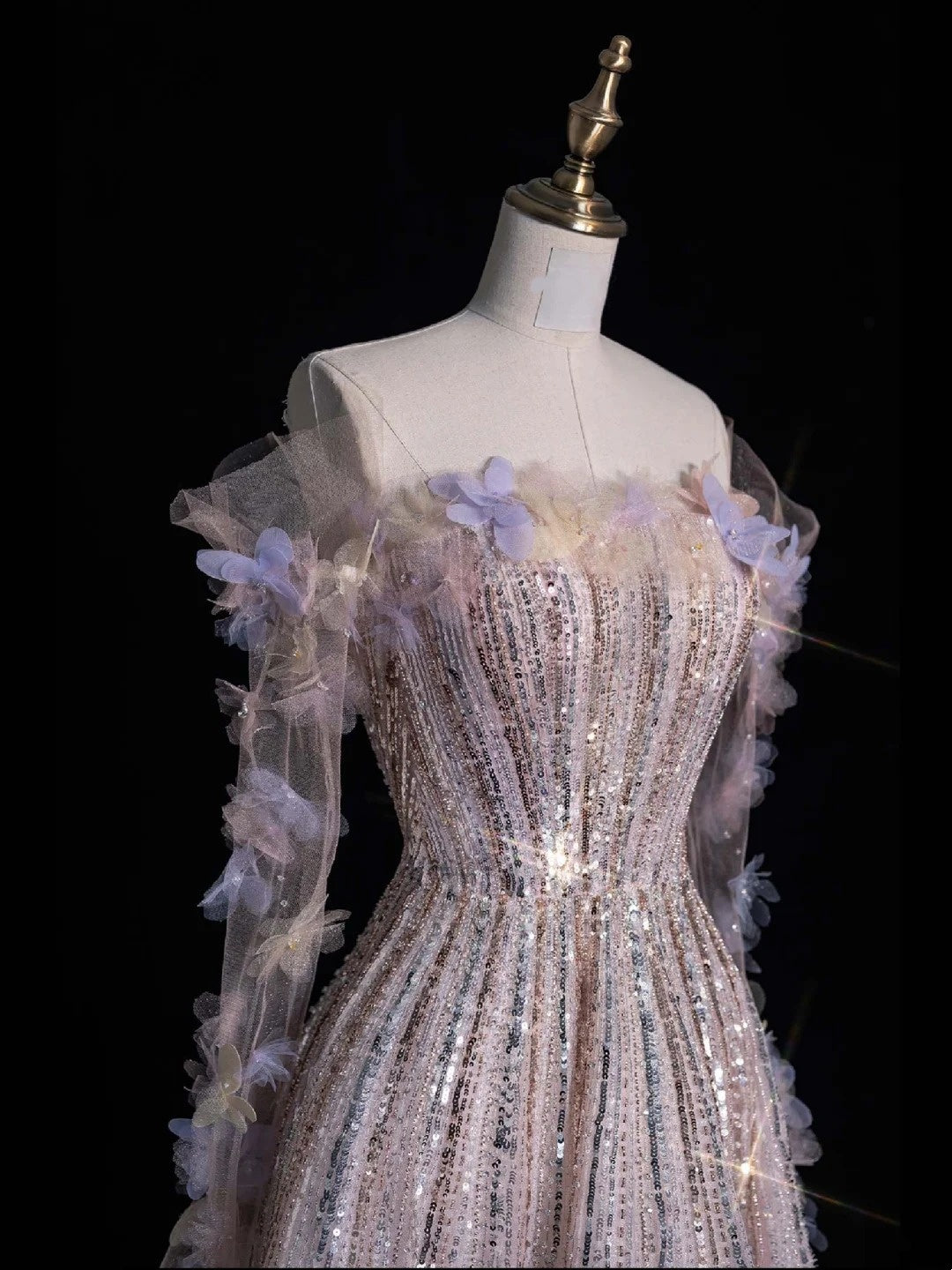 Robe de soirée longue de bal de style princesse, épaules dénudées, à sequins, référence N741
