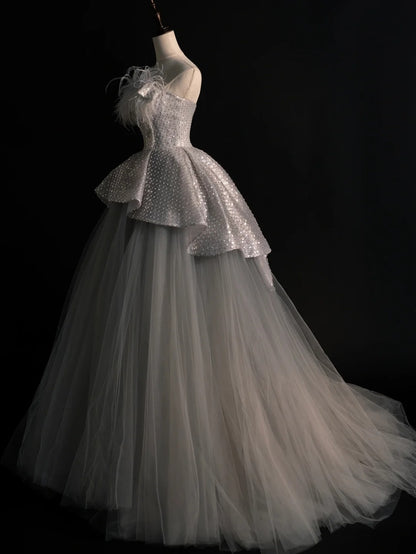Elegantes, trägerloses, langes Pailletten-Abendkleid aus grauem Tüll für Teenager-Mädchen, formelles Brautjungfernkleid N1069