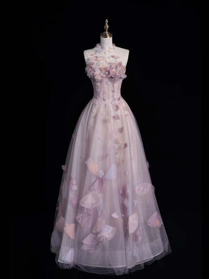 Robe de bal élégante à col montant en tulle rose, longue, style tendance, idéale pour les soirées et les cérémonies de fin d'année (réf. N684)