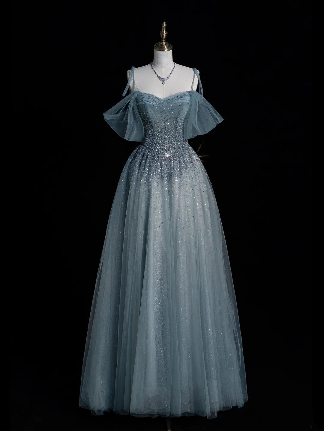 Elegant Ball Gown Off The Shoulder Dusty Grey Tulle Long Prom Dresses For Teens Evening Outfits Formal Dress N1090