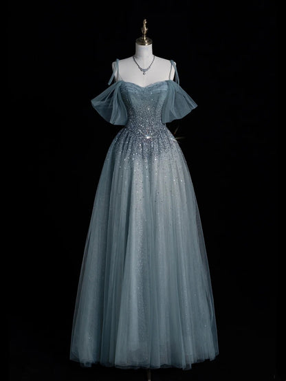 Elegant Ball Gown Off The Shoulder Dusty Grey Tulle Long Prom Dresses For Teens Evening Outfits Formal Dress N1090