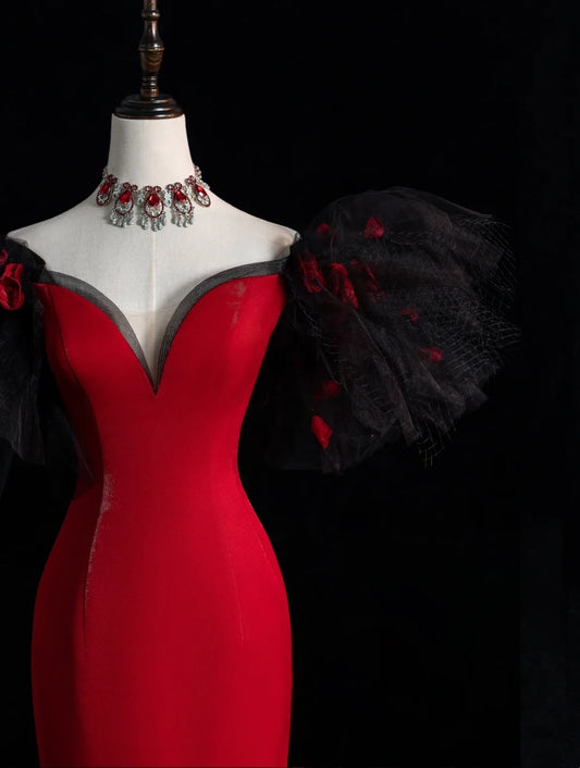 Elegant Mermaid Off The Shoulder Red Satin With Sleeves Floor Length Inspiration Long Prom Dresses N1217