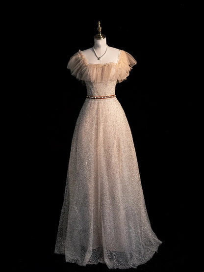 Magnifique robe de bal longue à sequins champagne, coupe trapèze, col carré, inspiration tenue de soirée N246