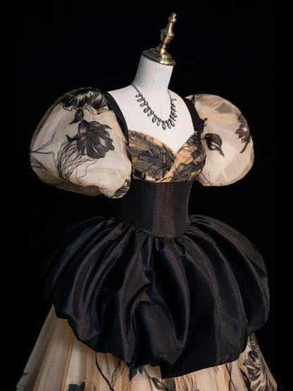 Robe de bal sobre à décolleté cœur et manches courtes bouffantes, noire à fleurs, longue robe de soirée pour femmes et jeunes filles N652