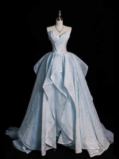 Robe de bal longue sans manches bleu ciel à imprimé floral, décolleté cœur, pour femmes et jeunes filles (N667)
