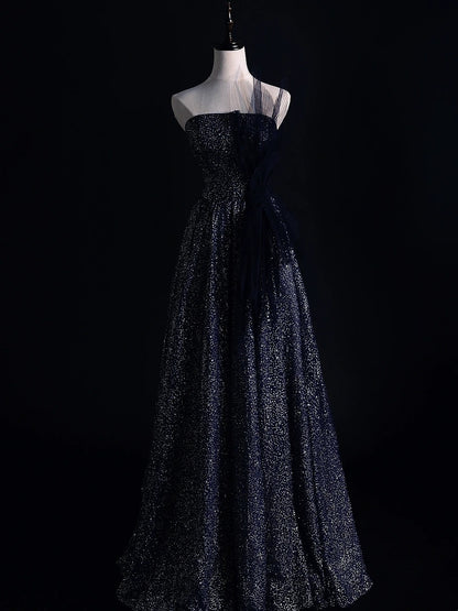 Robe de soirée élégante, bustier, à sequins noirs, coupe trapèze, longue, idéale pour les bals de fin d'année universitaire (N1218)