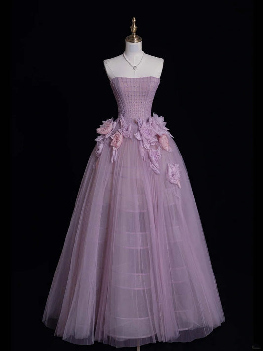 Modest Ball Gown Strapless Lilac Tulle Long Formal Evening Dress Gowns Formal Prom Dresses N747