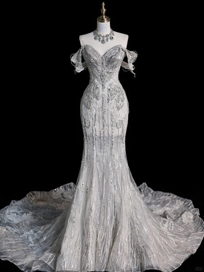 Sparkly Mermaid Off The Shoulder Gray Court Train Brides Gown Bridal Dress Style Long Wedding Dresses RB6557