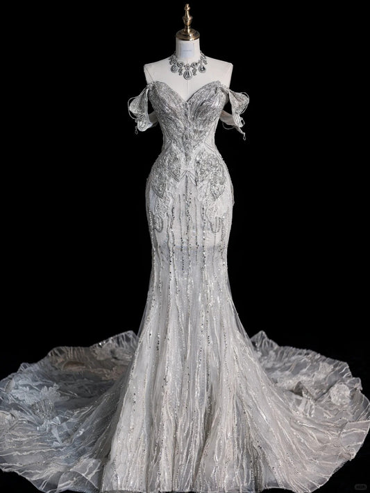 Sparkly Mermaid Off The Shoulder Gray Court Train Brides Gown Bridal Dress Style Long Wedding Dresses RB6557