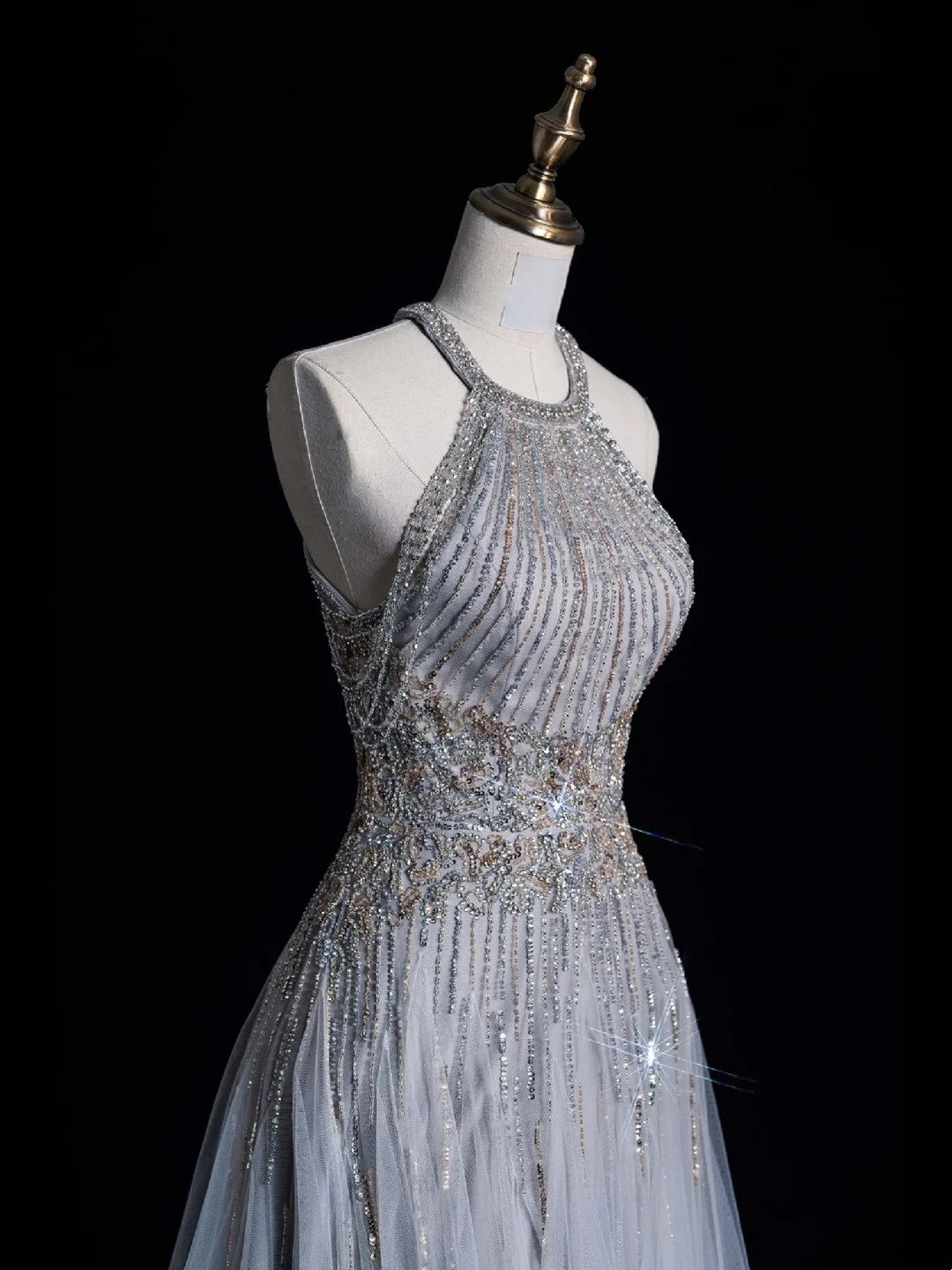 Robe de bal de fin d'année chic, coupe trapèze, dos nu, sequins gris argentés, robe longue de soirée pour lycéennes N1270