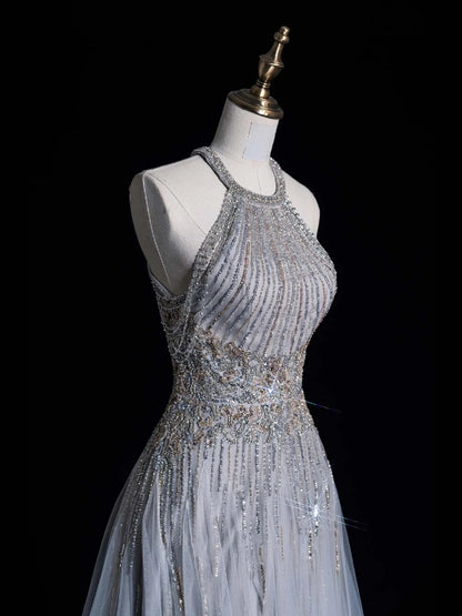 Robe de bal de fin d'année chic, coupe trapèze, dos nu, sequins gris argentés, robe longue de soirée pour lycéennes N1270