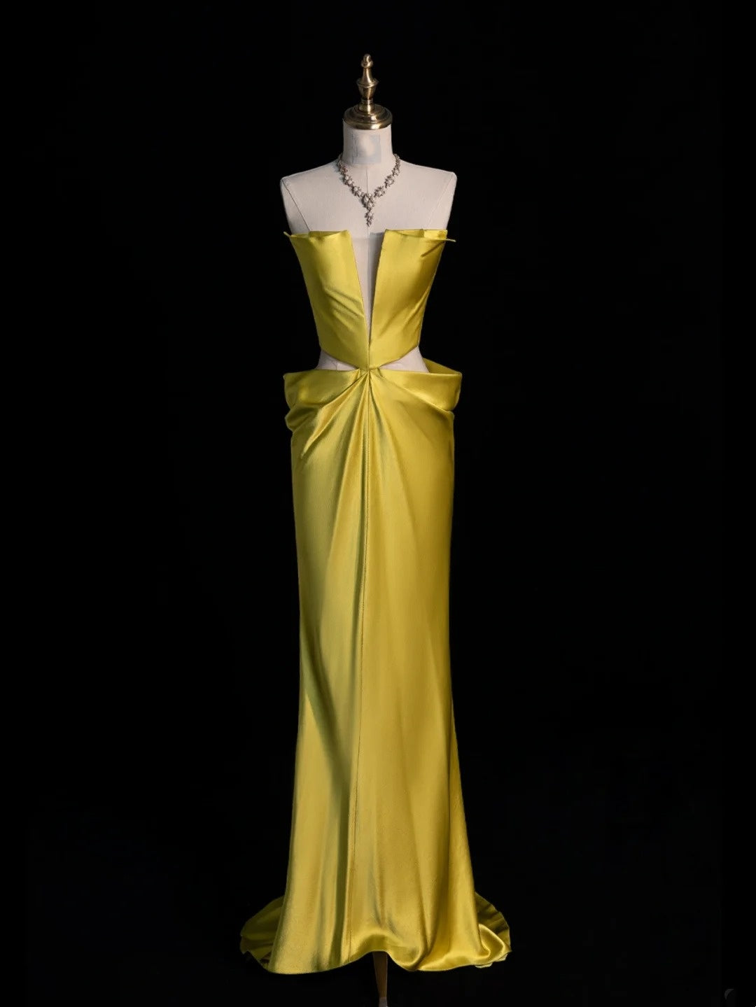 Robe de bal longue sirène sans bretelles en satin jaune, style années 80, pour lycéennes (N1339)