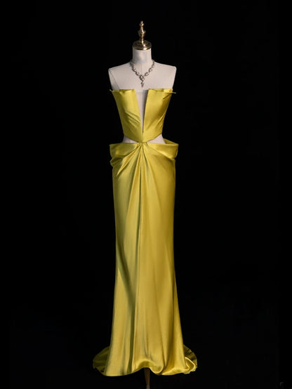 Robe de bal longue sirène sans bretelles en satin jaune, style années 80, pour lycéennes (N1339)