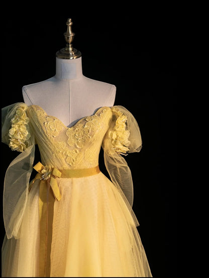 Robe de bal modeste à épaules dénudées en tulle jaune, tenue de soirée pour jeunes filles de 16 ans, manches longues, modèle N1169