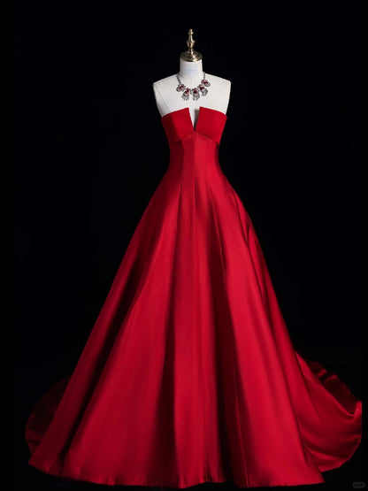 Robe de bal rouge bustier plissée à volants, longue, style semi-formel, référence N691