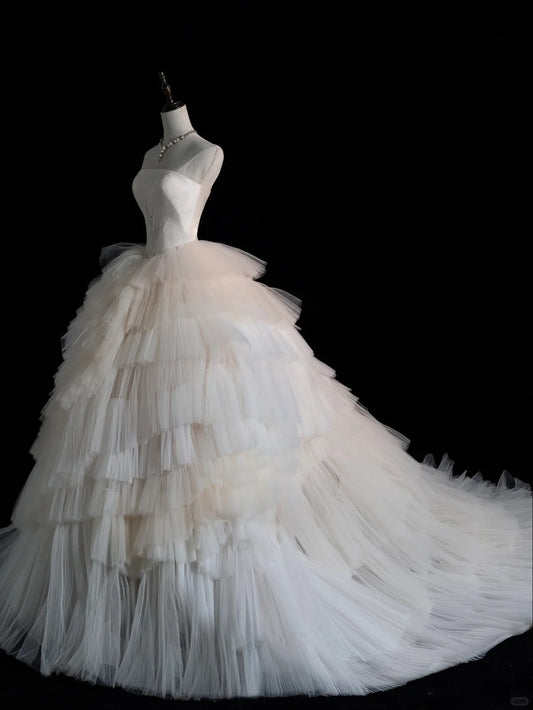 Modern Minimalist Ball Gown Strapless Sleeveless Tulle Brides Gown Bridal Dress Wedding Dresses Style RB6574