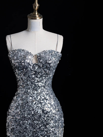 Robe de bal de fin d'année sirène chic à bretelles spaghetti et sequins gris argentés, robe longue de soirée pour lycéennes N1269