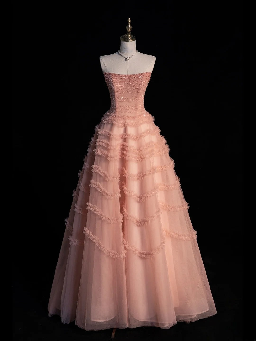 Robe de bal bustier rose poudré en tulle, robe de soirée longue pour lycéenne, N1273