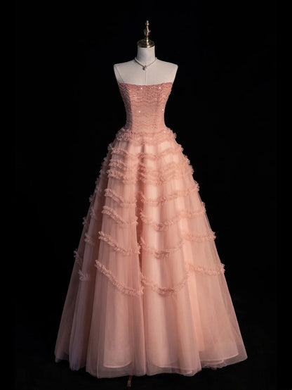 Robe de bal bustier rose poudré en tulle, robe de soirée longue pour lycéenne, N1273