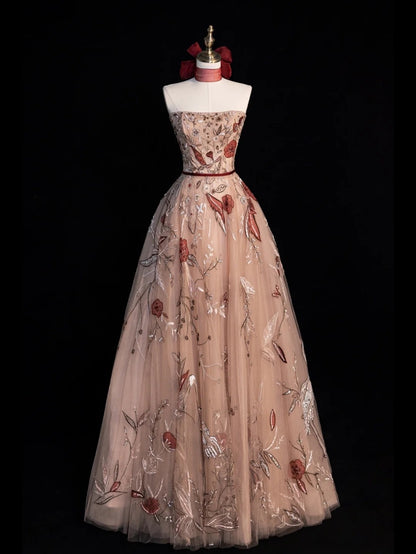 Robe de bal sobre sans bretelles en tulle champagne à fleurs, longue, pour femmes et jeunes filles, N654