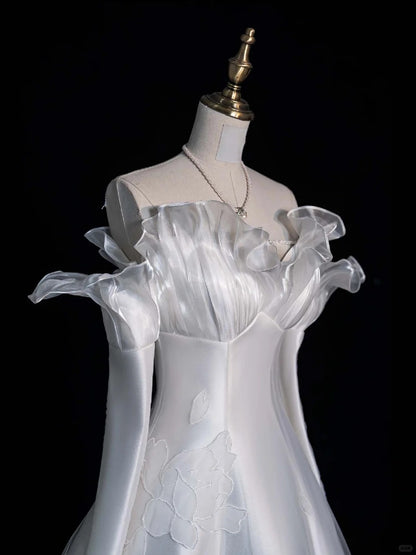 Pretty Ball Gown Off The Shoulder White Satin Brides Gown Bridal Dress Style Long Wedding Dresses RB6561