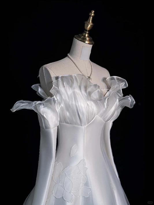 Pretty Ball Gown Off The Shoulder White Satin Brides Gown Bridal Dress Style Long Wedding Dresses RB6561